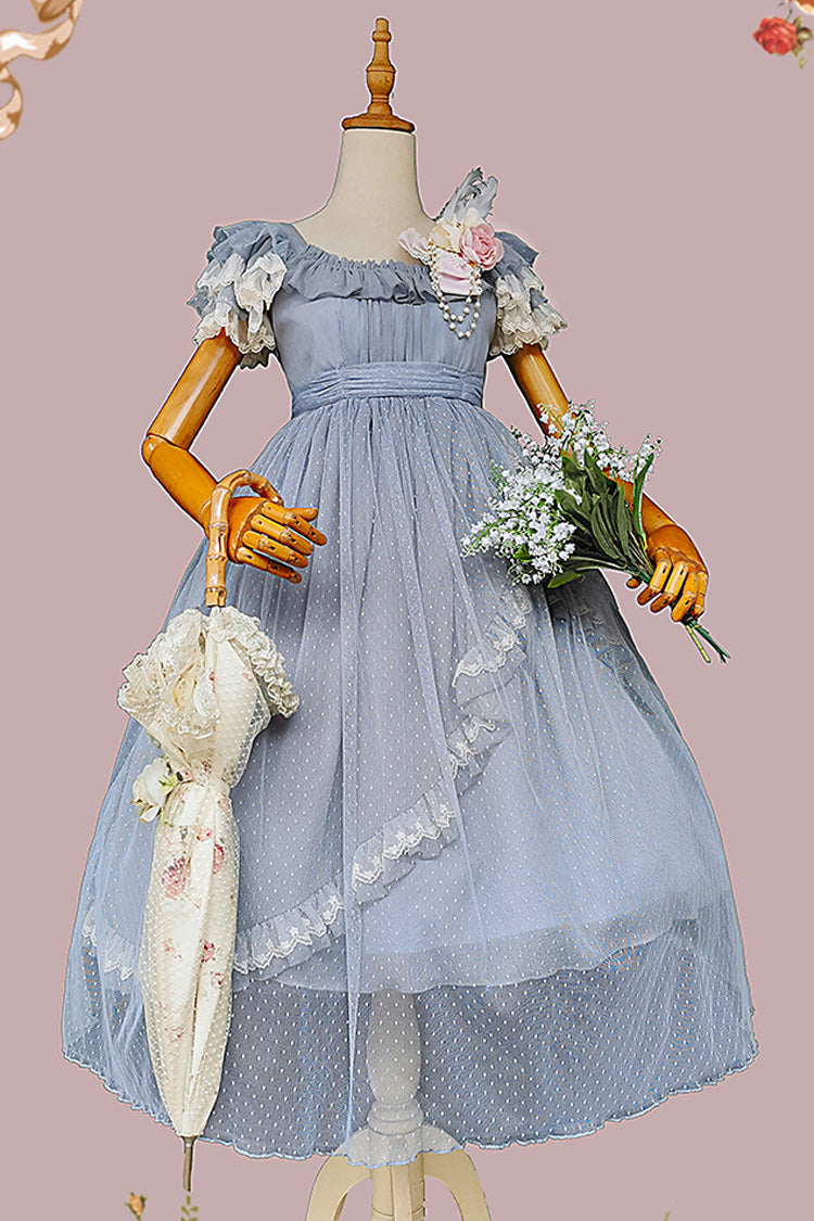 Moon Goddess Polka Dot Asymmetric Bow Dress - Sax Blue Elegant