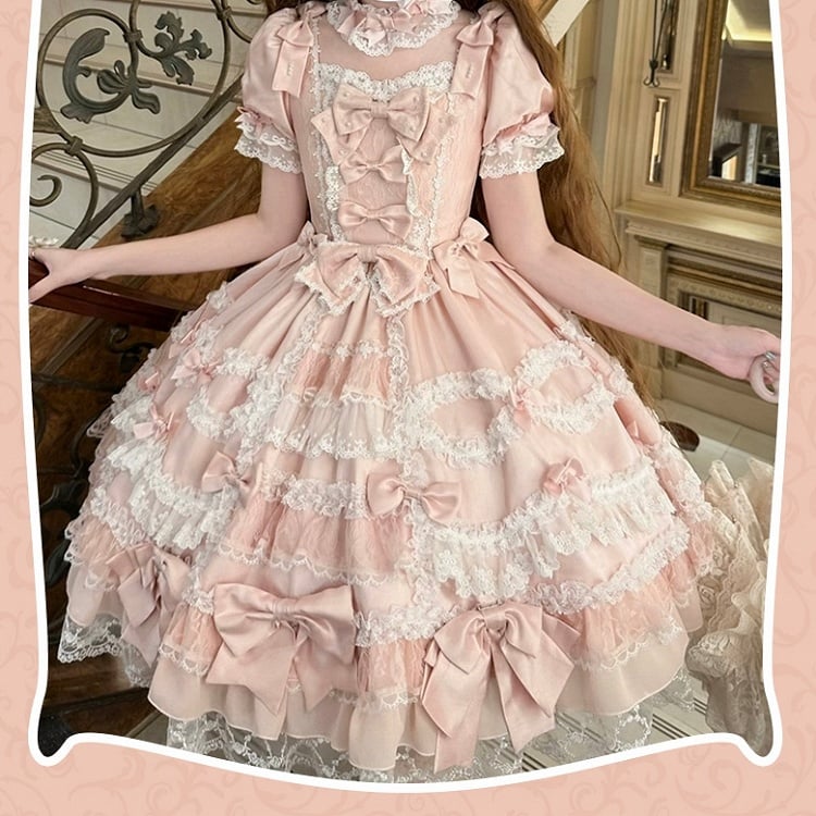 Lolita High Bow Pink Dress Sweet with Waist Accents Detachable Sleeves Princess