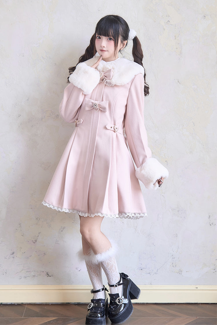 Plush Collar Waist-Cinched Long Sleeve Bow Lace Coat - Lolita Outerwear