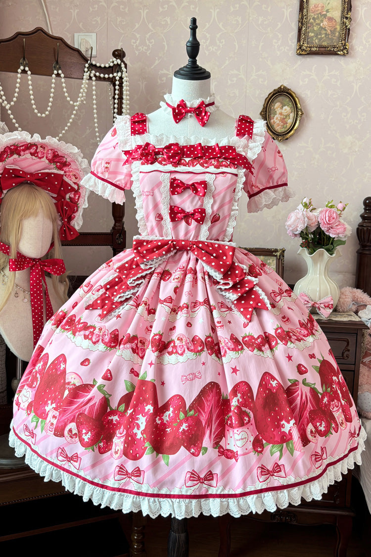 Strawberry Gift Box Pink Short Sleeves Print Ruffle Bowknot Lace Sweet Dress