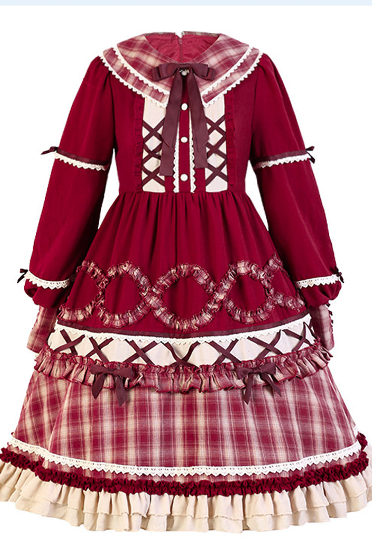 Red Retro Sweet Lolita OP Dress with Plaid, Lantern Sleeves and Ruffles - Altfashion Shop