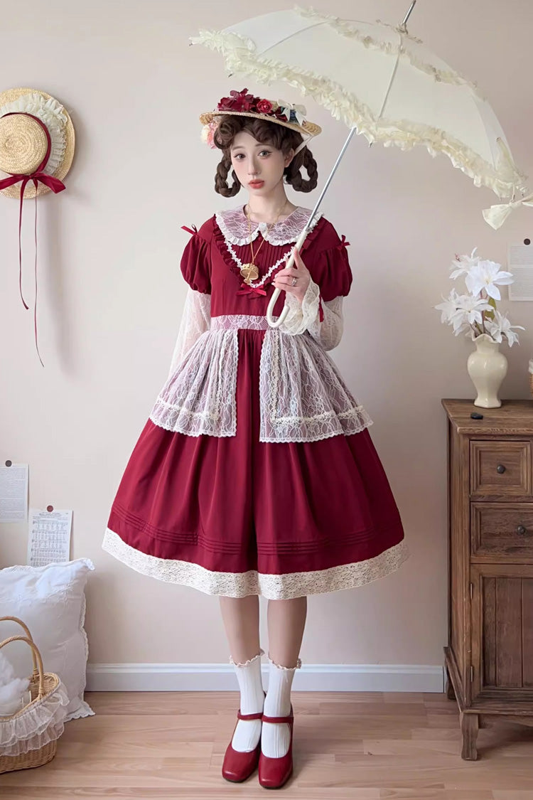 Lapel Collar Long Sleeve Embroidery Bow Lace Sweet Lolita Dress - Red