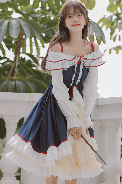 Cerulean and Ivory Strapless Ruffled Chiffon High Waist Sweet Lolita Gown with Long Sleeves