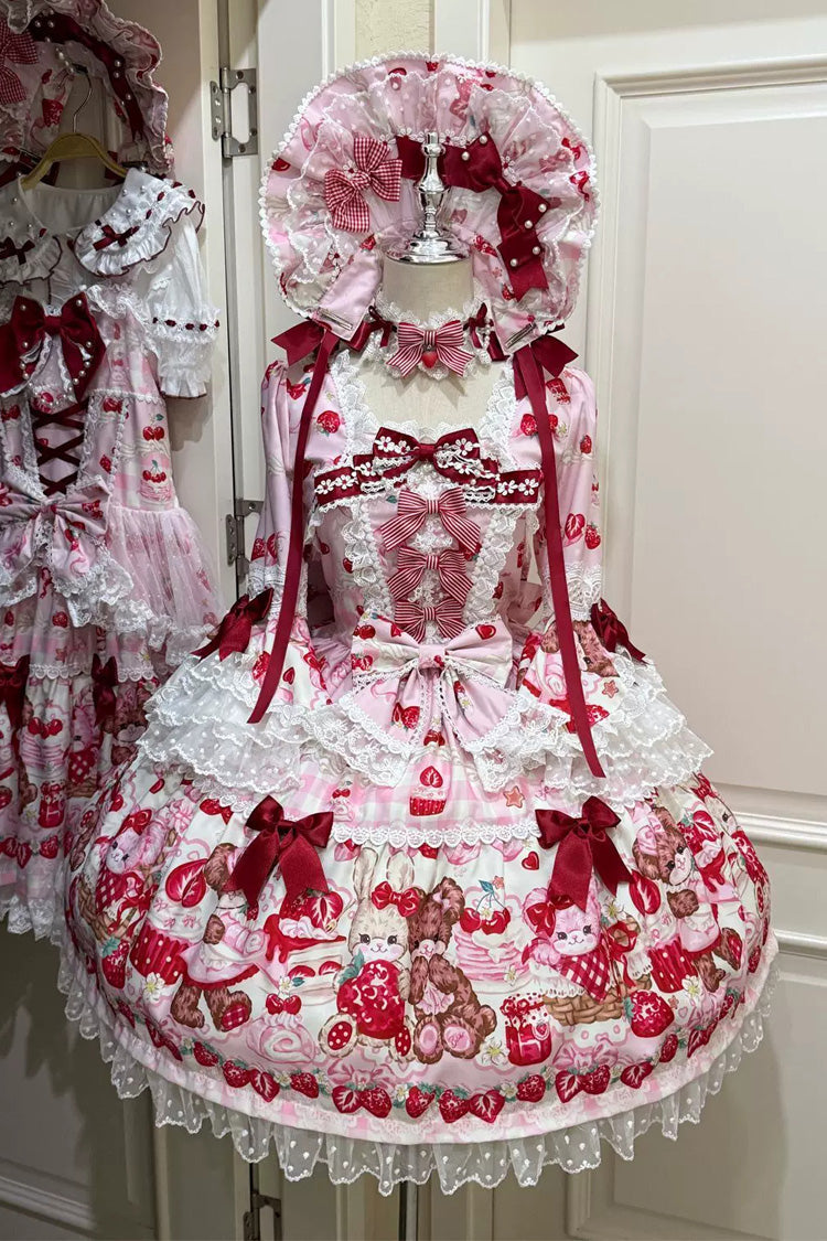 Red/Pink Sweet Lolita OP Dress Half Sleeves Bow Lace Lace-Up - Sweet Berry Bunny Bear