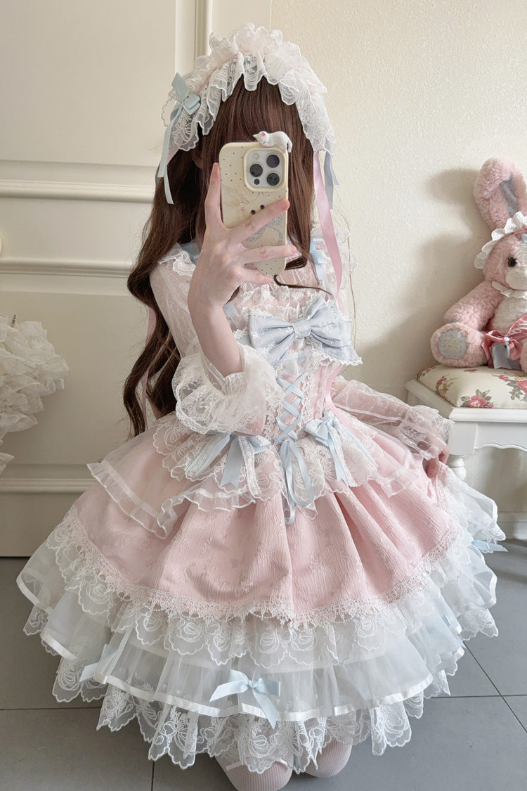 Pink Sweet Ballet Lace Ruffle Sleeveless Bowknot Jsk Dress - Fleishi Island