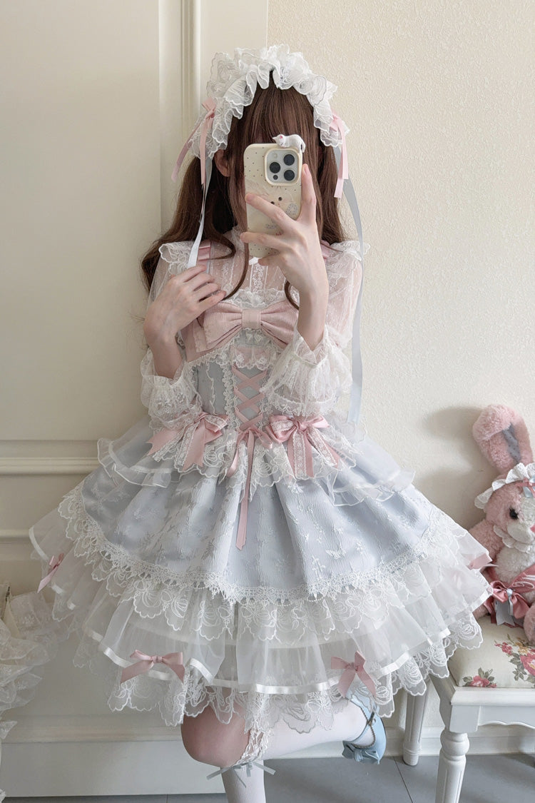 Blue Ballet Lace Ruffle Sleeveless Bowknot Sweet Jsk Dress - Fleishi Island