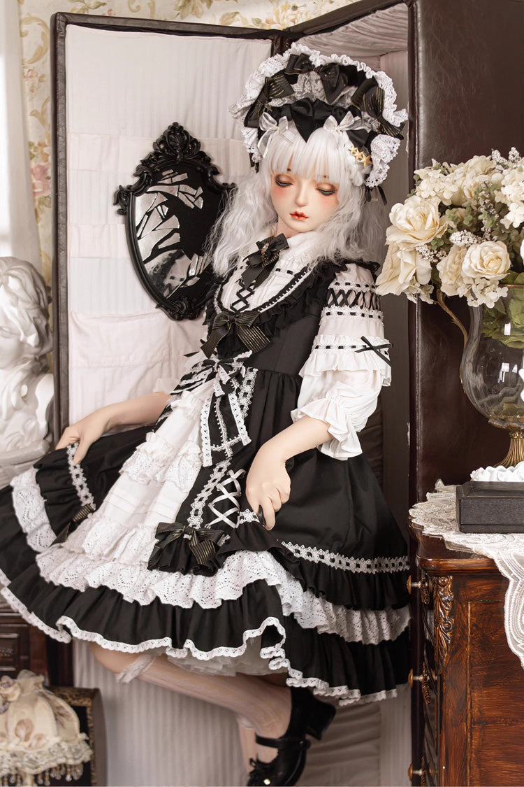 Black/White Tina's Gift Sleeveless Multi-Layered Ruffled Cardigan Bow Lace Sweet Lolita JSK Gown
