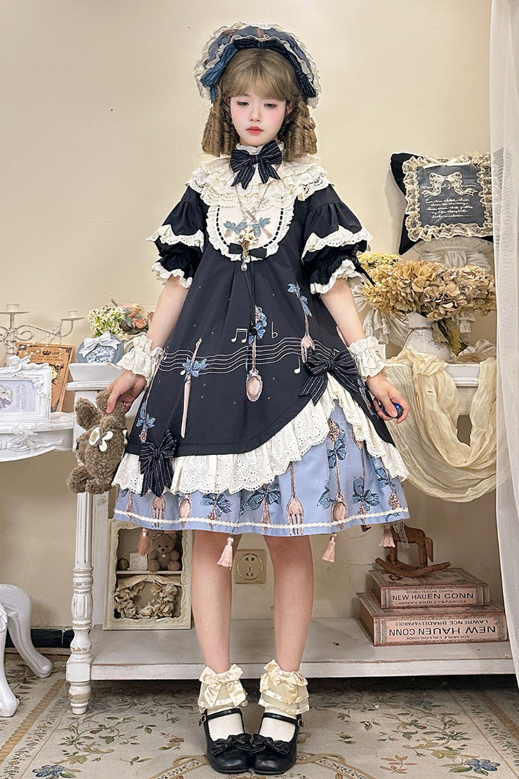 Navy Witch's Banquet Round-Collar Short-Sleeve Printed Ruffled Embroidered Bow Asymmetric Sweet Lolita Dress