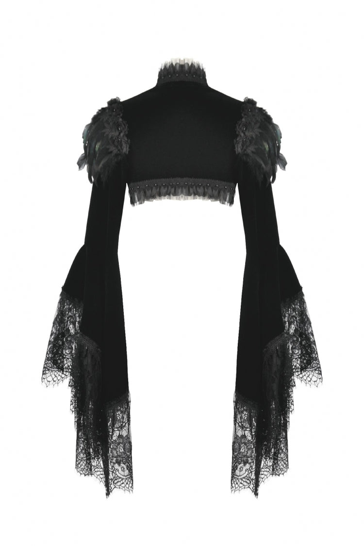 Spliced Velvet Long Flared Sleeve Floral Feather Gothic Cape for Women Lace