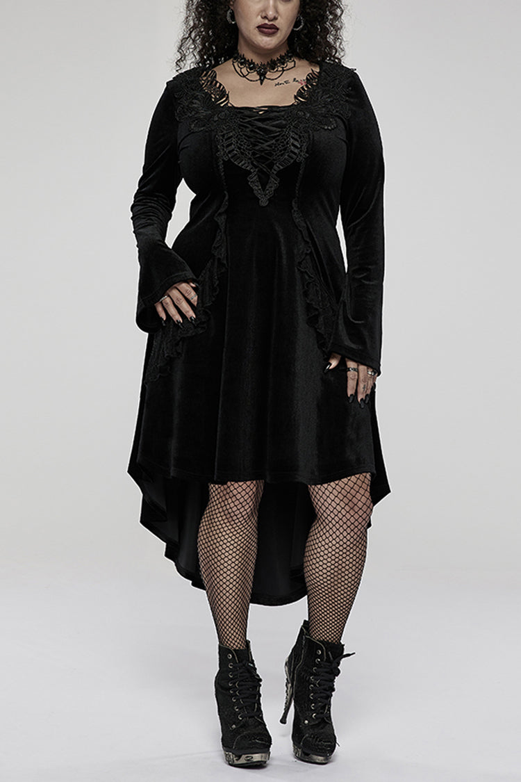 Velvet Fabric Embroidered Jacquard Neckline Irregular Hem Trumpet Sleeve Gothic Dress