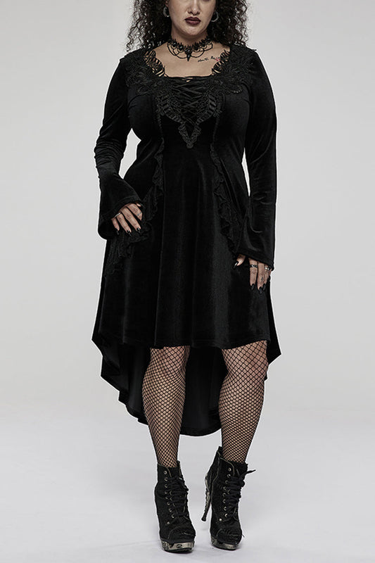 Velvet Fabric Embroidered Jacquard Neckline Irregular Hem Trumpet Sleeve Gothic Dress