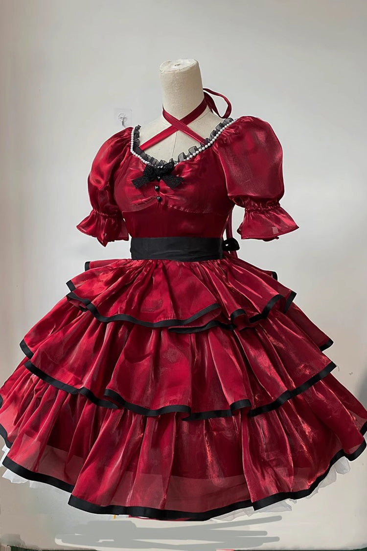 Gothic Short-Sleeve OP Dress with Rose Contrast and Layered Swing Skirt in 3 Variants