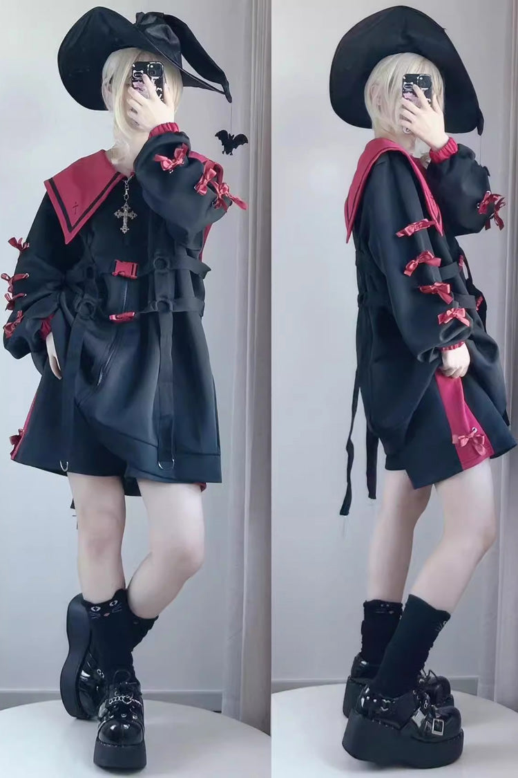 Sailor Collar Long Sleeve Cross Print Bow Coat - Jirai Kei