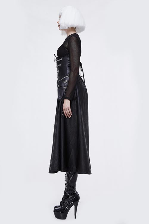 Big Swing Half Skirt in Leather with Chain Ribbons and Zip