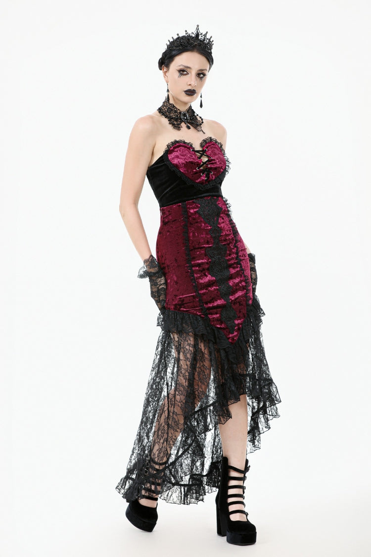Crimson & Noir Velvet & Lace Lace-Up High-Low Maxi Gothic Skirt