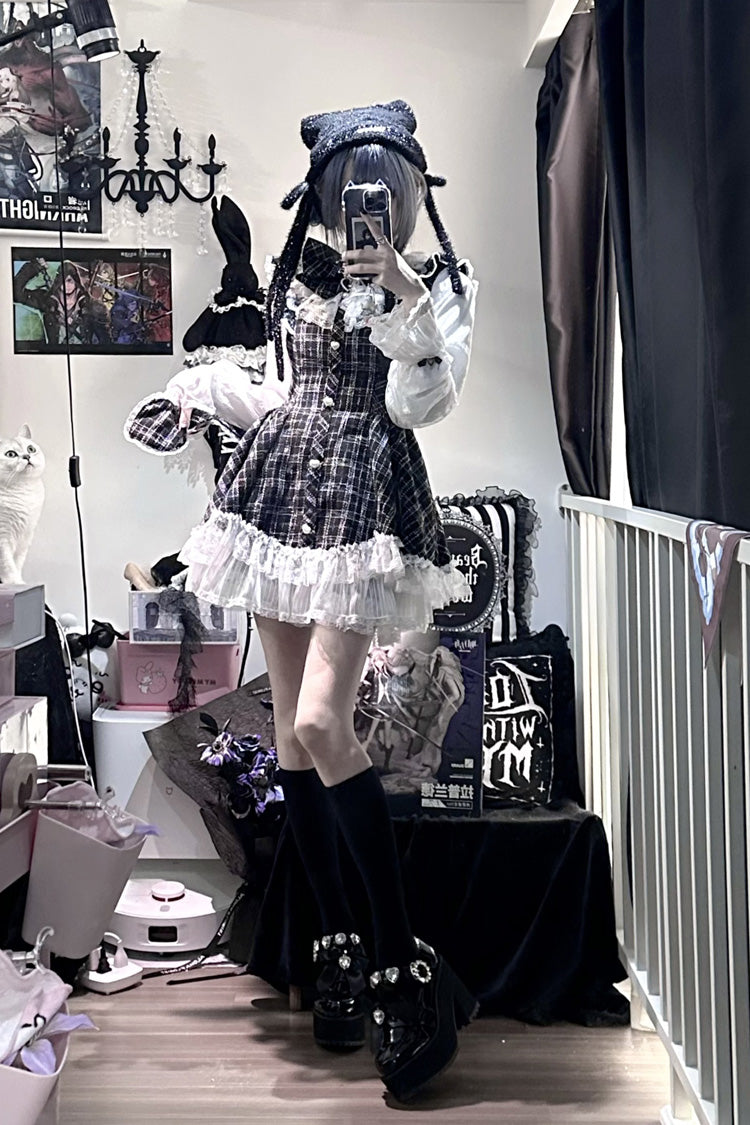 Black Plaid Print Ruffle Bow Lace Sweet Jirai Kei Dress with Shorts