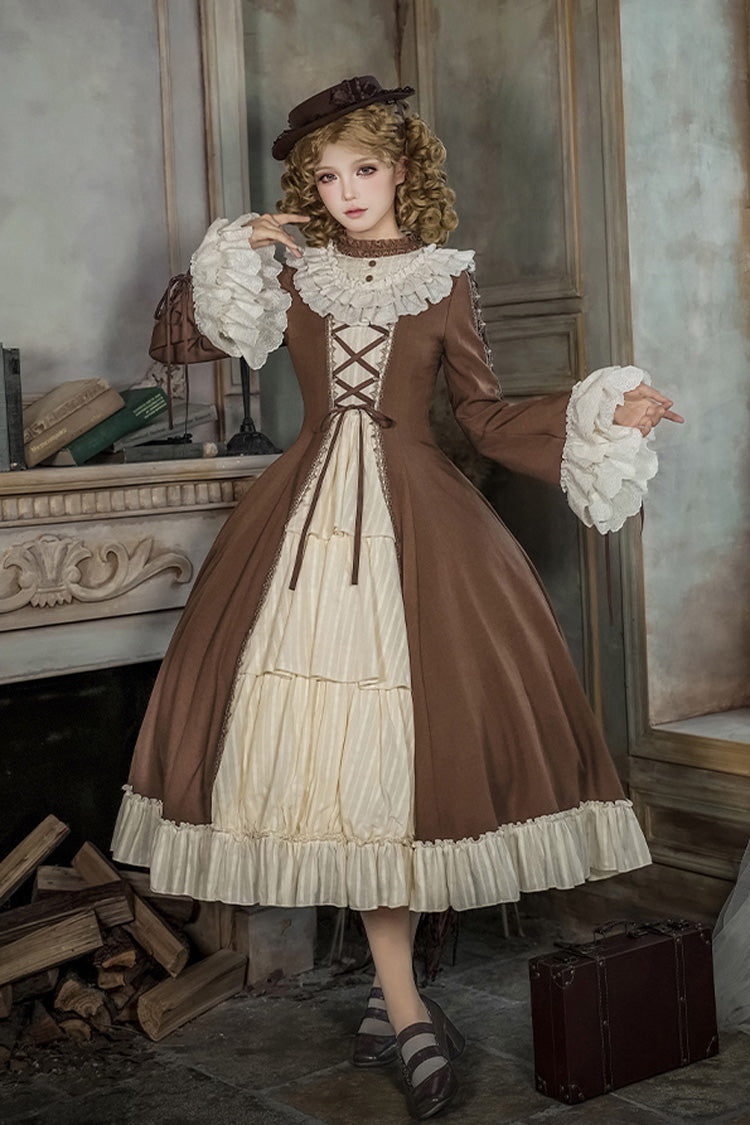 Brown Beige Nutcracker Stand Collar Long Trumpet Sleeves Ruffle Cardigan Lace-Up Sweet Lolita Dress Set