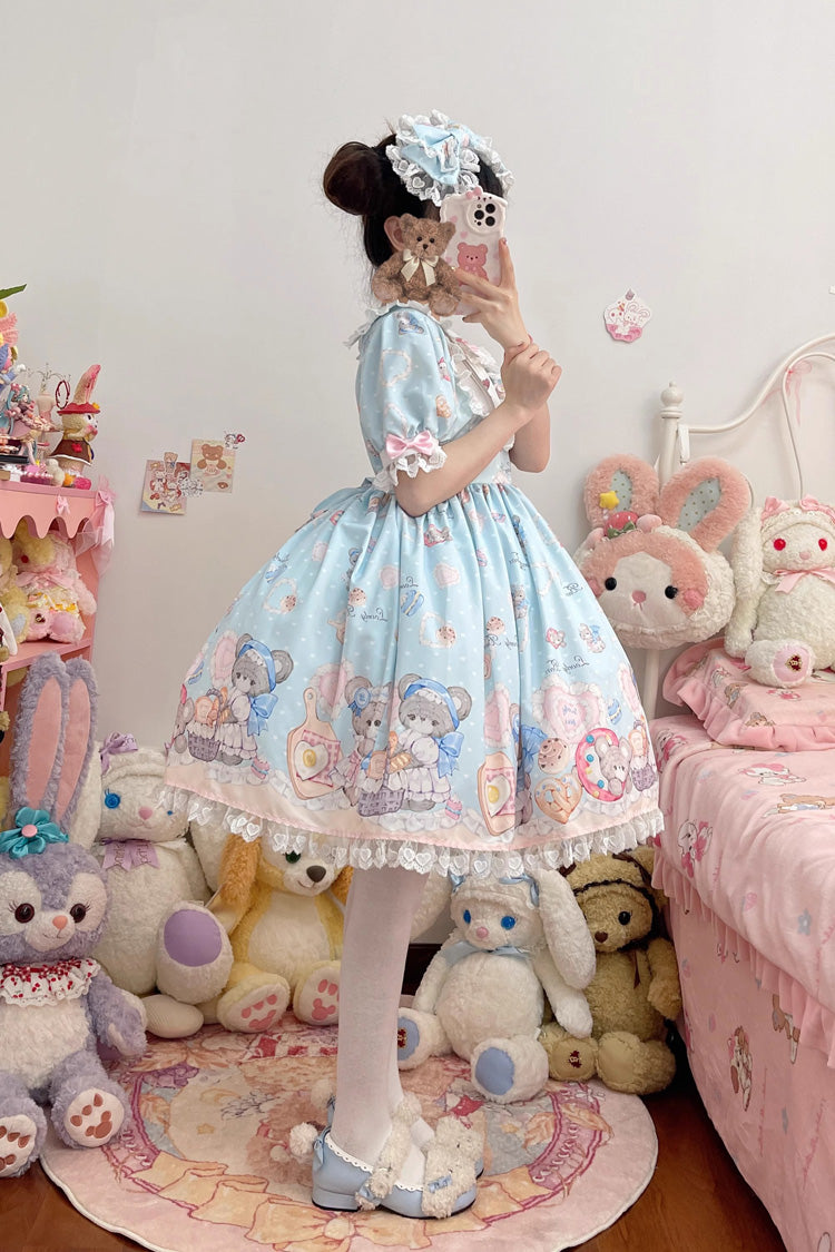 Azure Baked-Bear Print Sweet Dress with Ruffled Sleeves