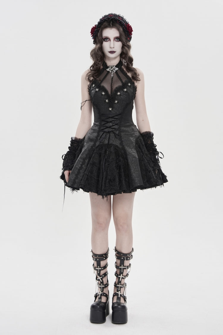 Off Shoulder Sleeveless Printed Spliced Lace Lace-Up Pleated Gothic Dress