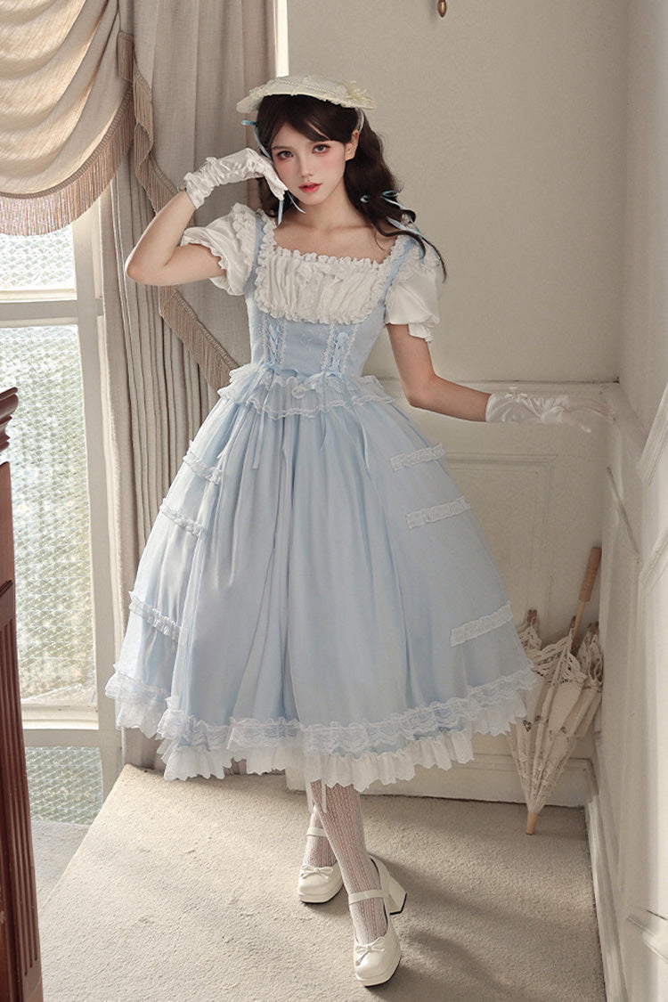 Light Blue Sweet Dress Set with Square Collar and Ruffles