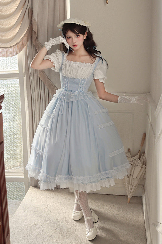 Light Blue Sweet Dress Set with Square Collar and Ruffles