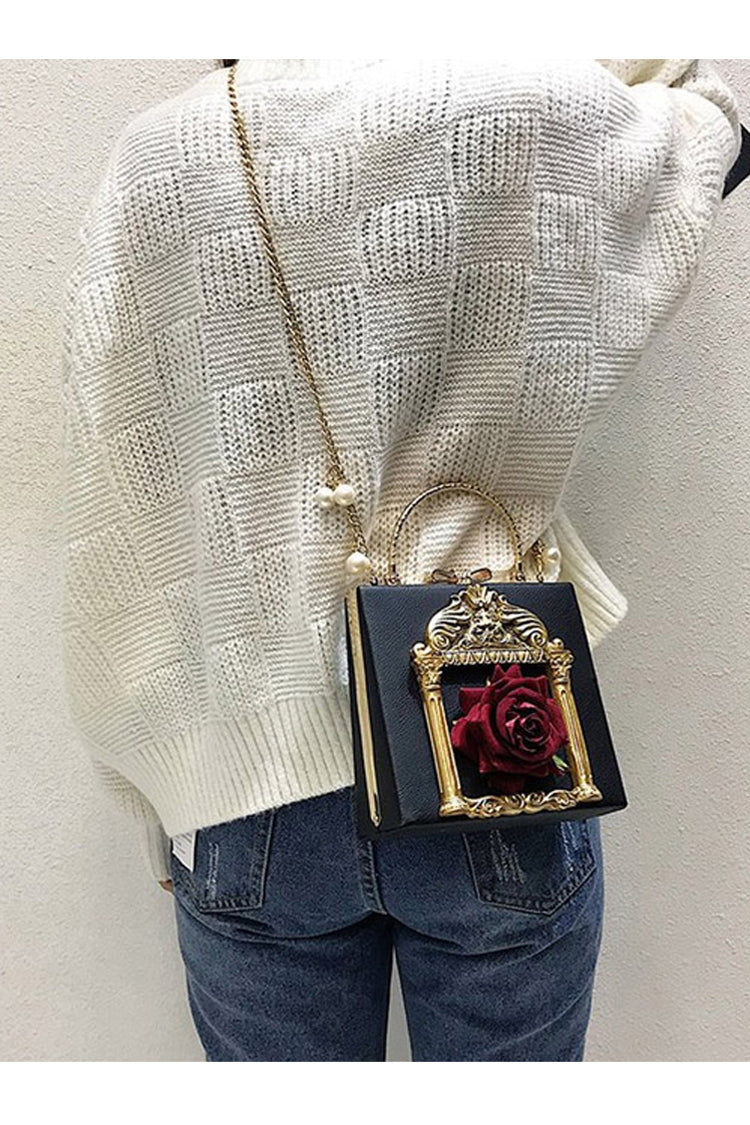 Vintage Gothic Shoulder Bag with Pearl Chain and Rose Motif
