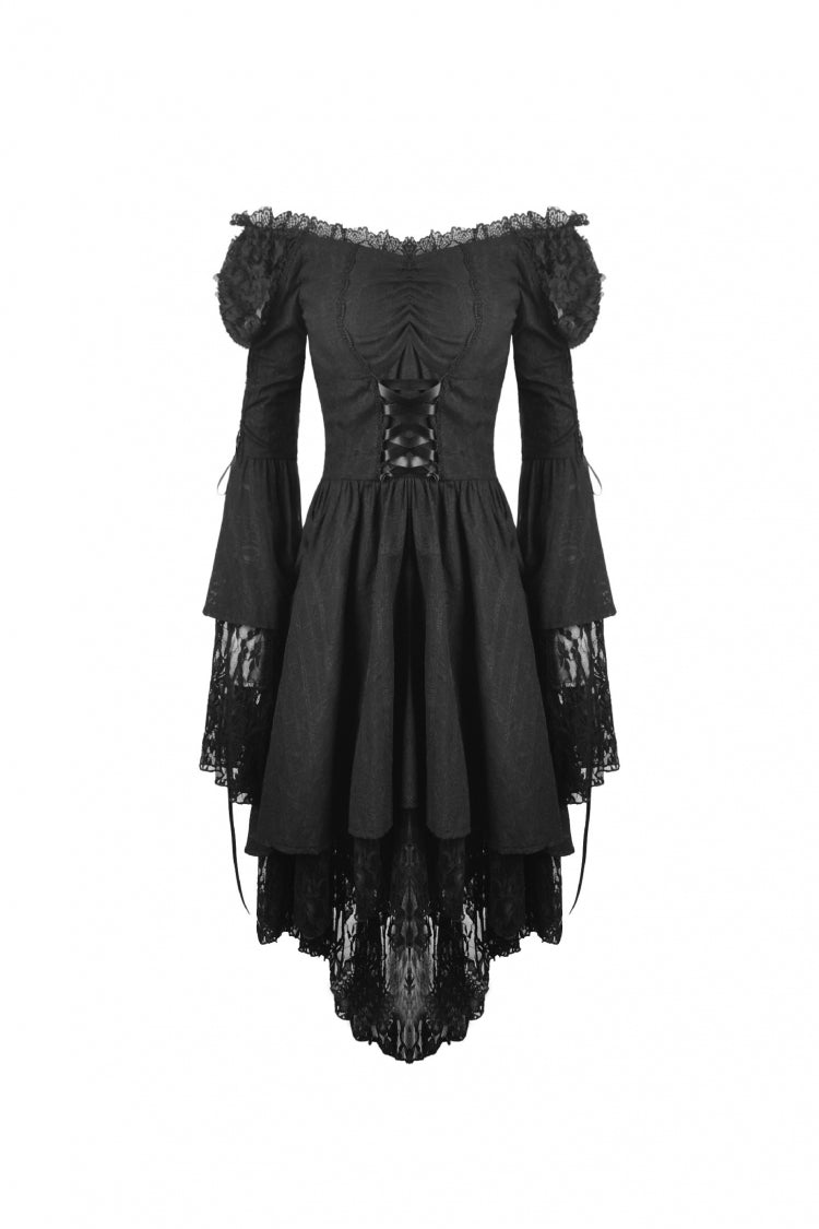 Black Off-Shoulder Trumpet Puff Sleeve Lace-Up Mesh Gothic Cocktail Dress