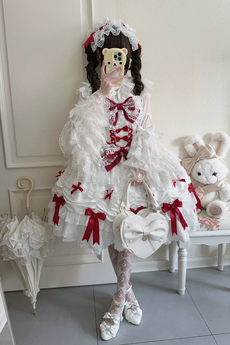 Ivory and Red Silk Gift Box Square Neck Sleeveless Layered Ruffled Bow Lace Sweet Lolita JSK