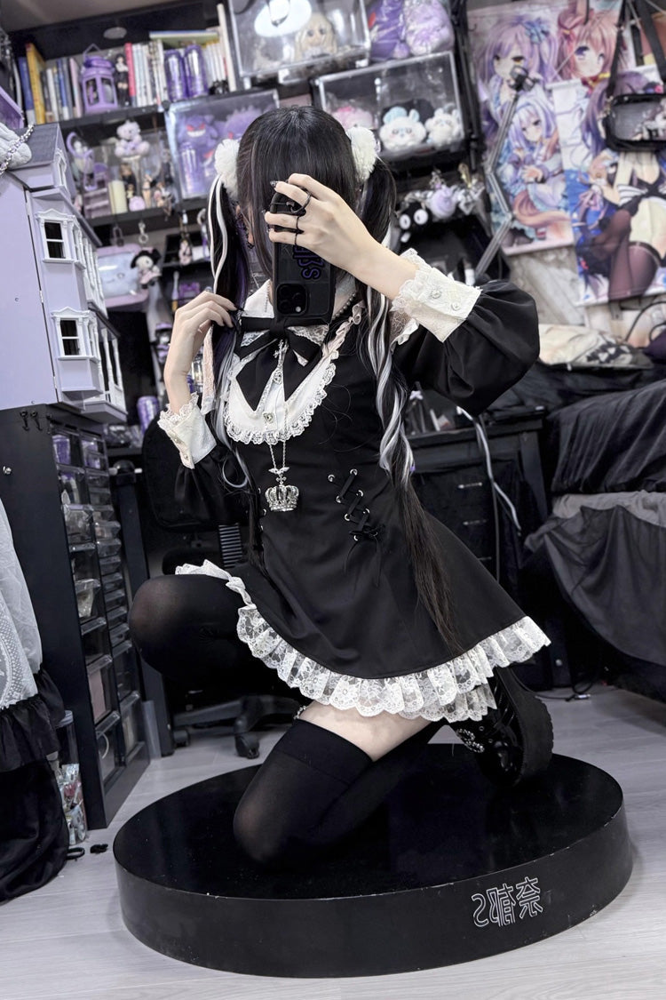 Black and White Divine Love Cut-Out Bow Lace-Up Dress and Shorts Set