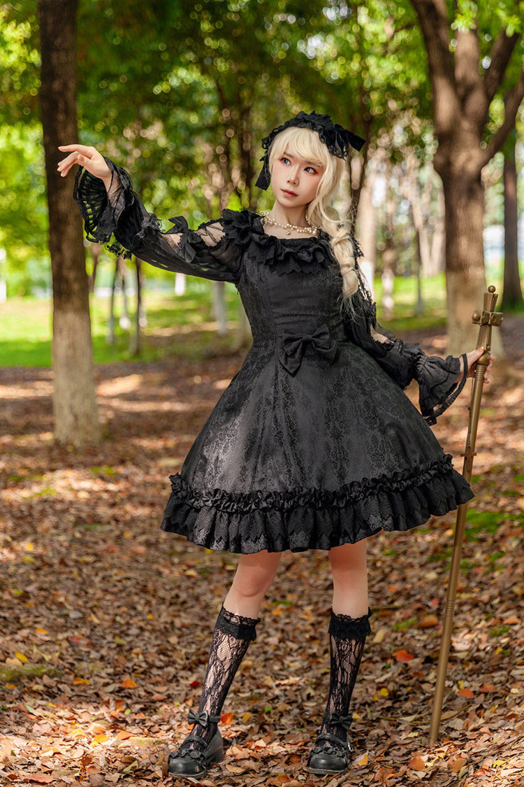 Floral Canon Round Collar Sleeveless Jacquard Printed Ruffled Bow Gothic Lolita Jsk Dress - Black