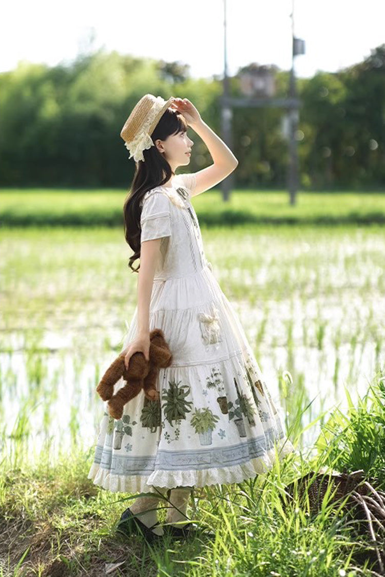 Ivory Potted Plant Short Sleeves Print Ruffle Sweet Lolita Dress