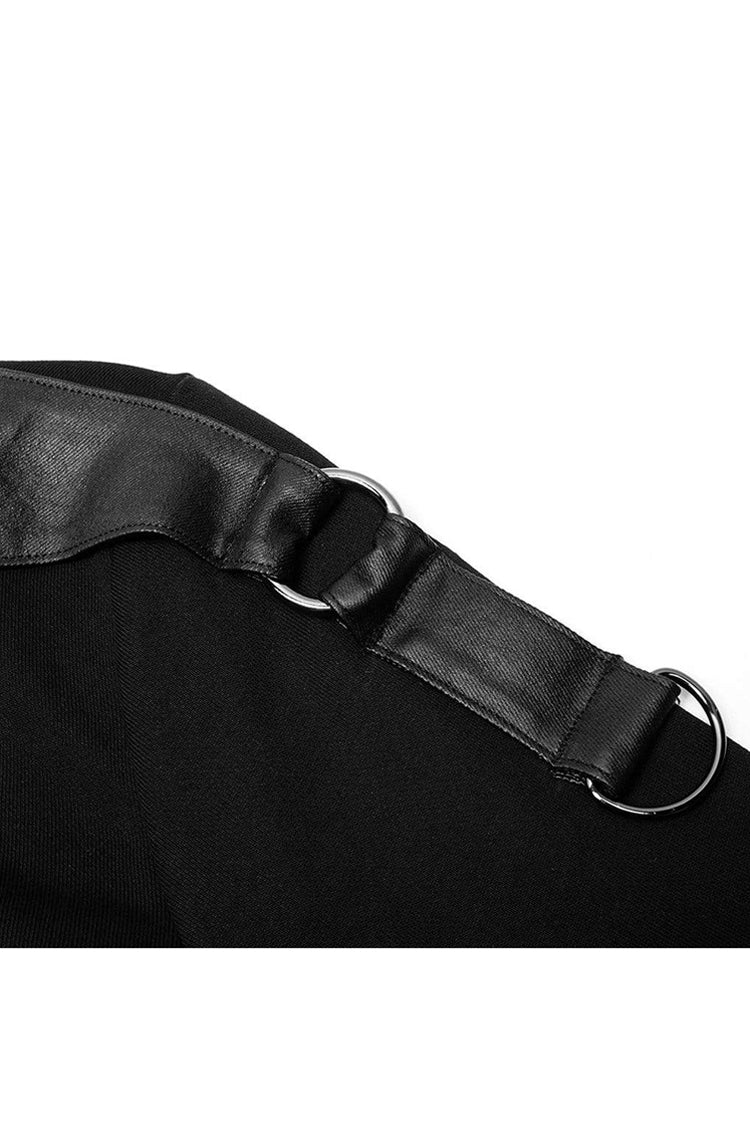 Jet-Black Knit Tee with Faux Leather Lacing and Split Front for Men