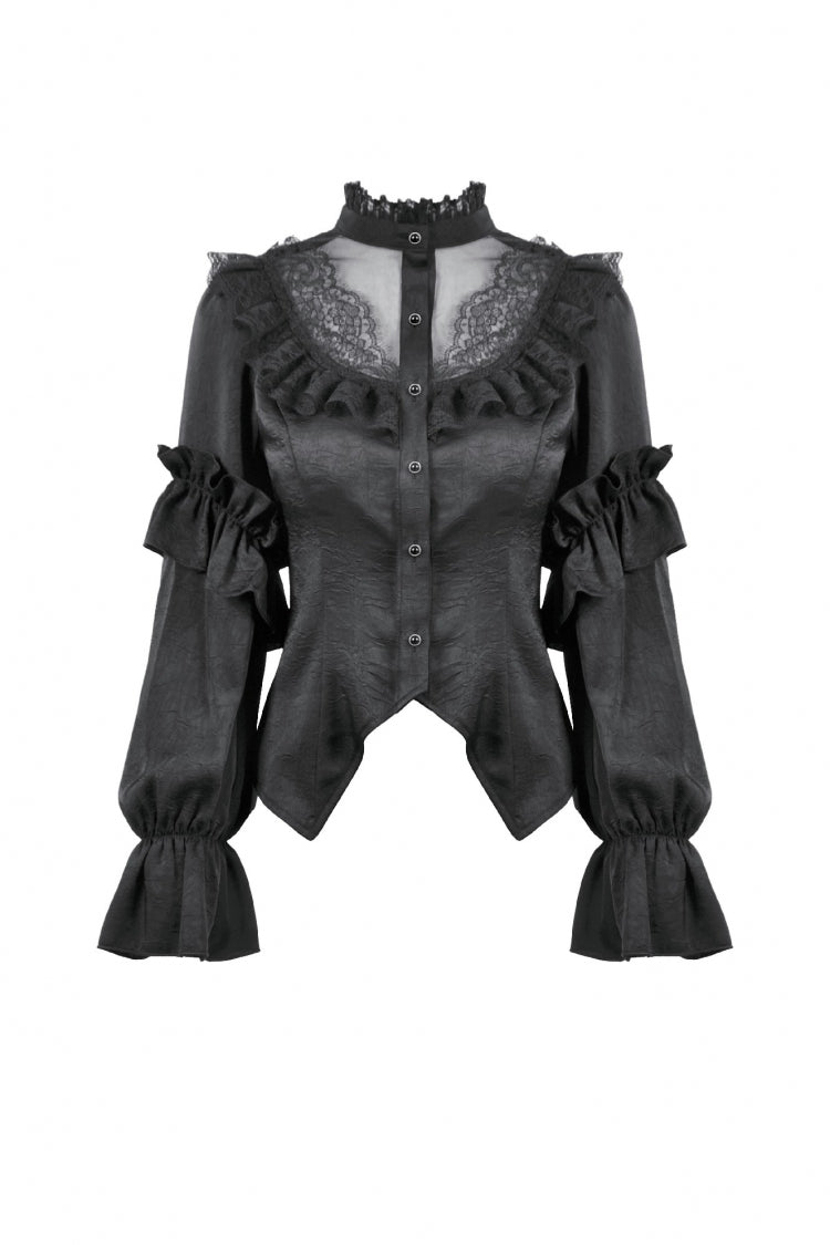 Gothic Sheer Blouse with Stand Collar and Lantern Sleeves