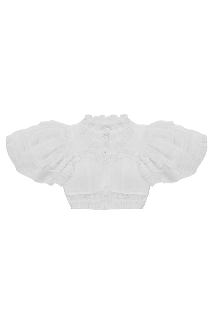 Hollow Lace Sweet Blouse with Removable Pads & Short Sleeves