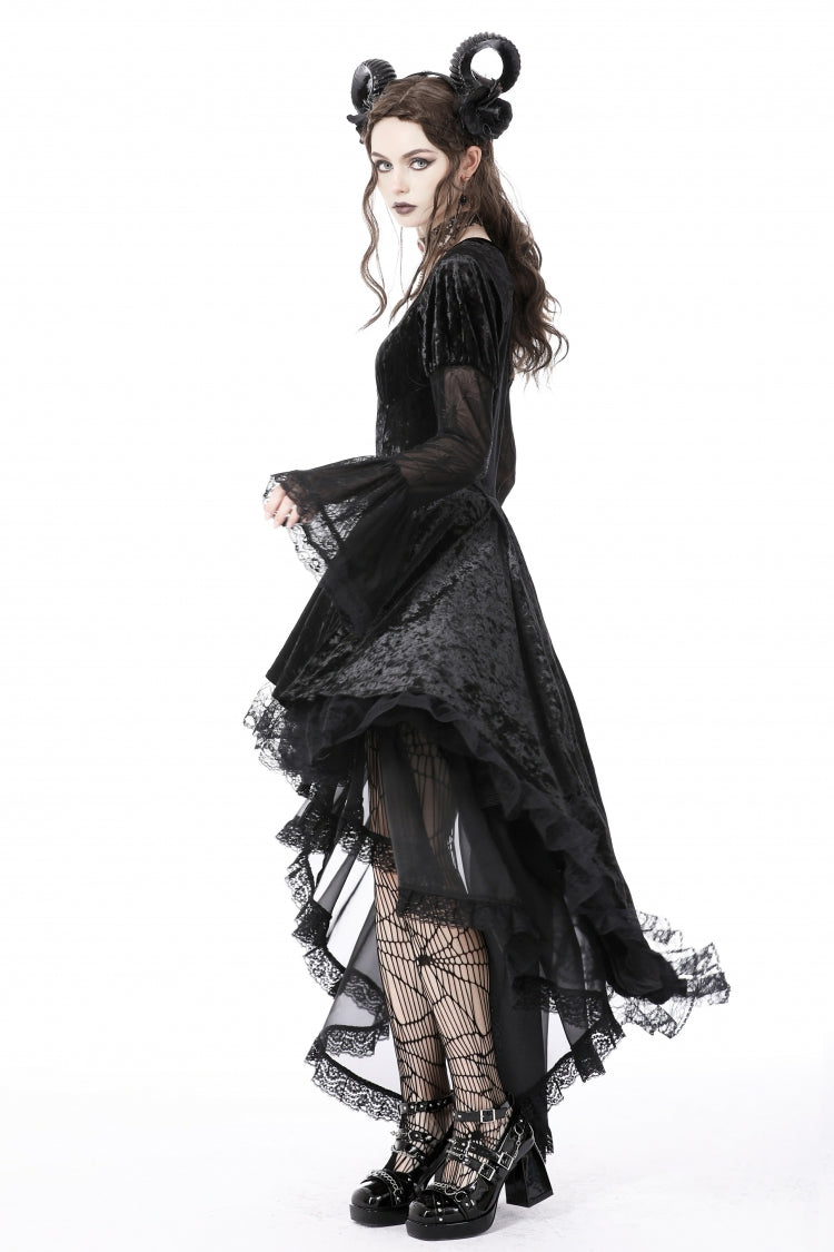 Onyx Velvet Gown with Puffed Sleeves and Asymmetric Lace Trim