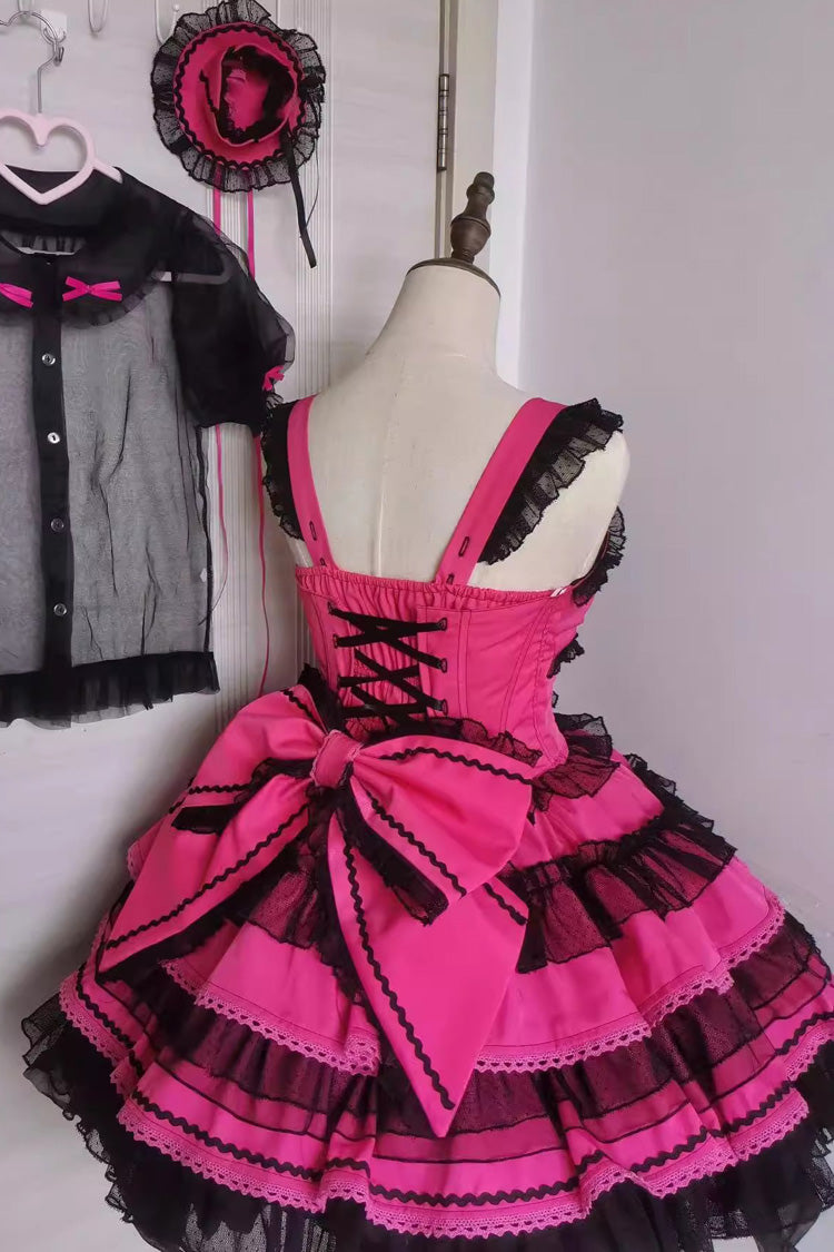 Sweet Lolita Dress - Pink Rose Print, Multi-Layer Bow