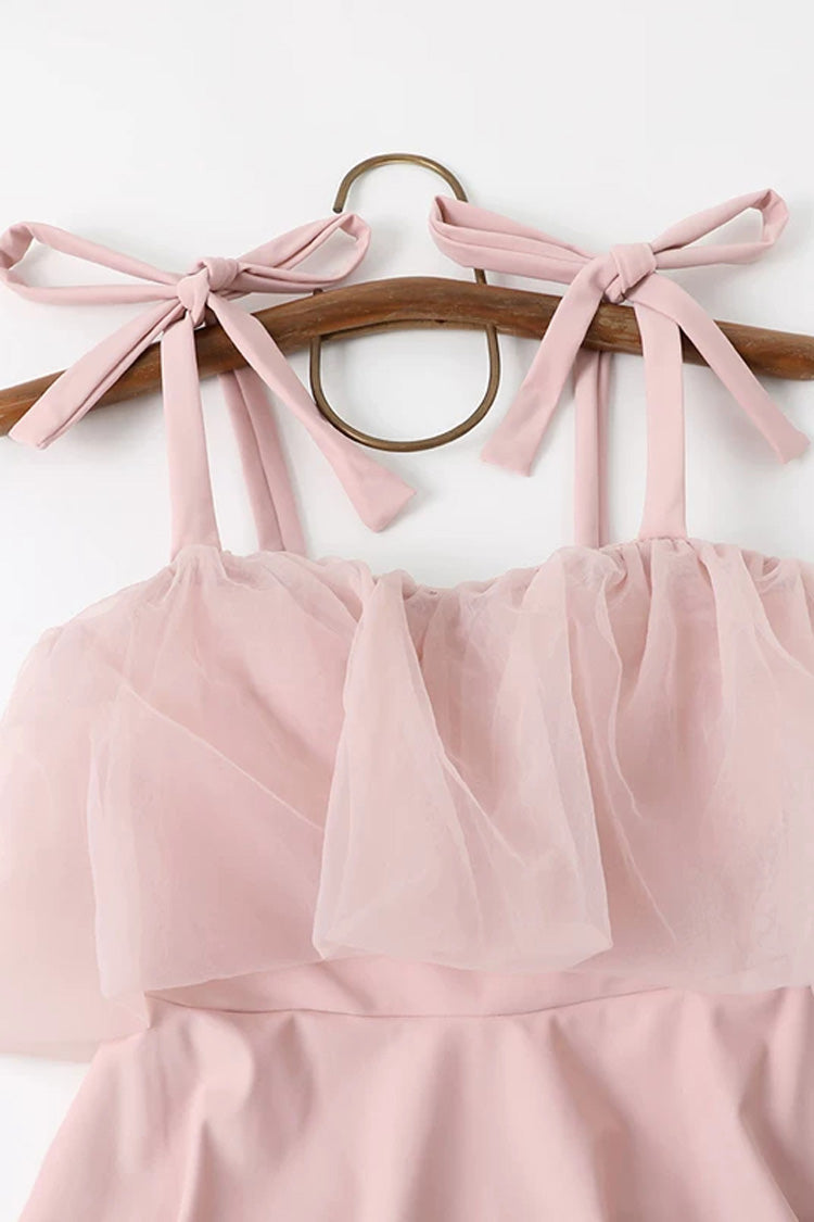 Pink Sleeveless Ruffled Lace-Up Japanese Sweet One-Piece Swimsuit