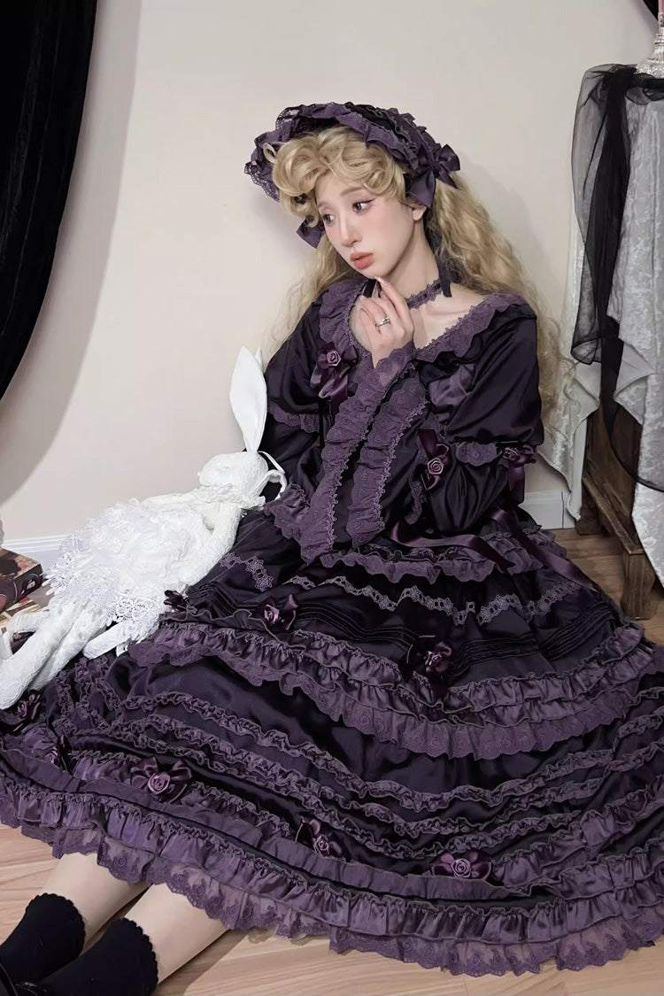 Violet Layered Blackcurrant Short Sleeve Ruffled Bow Lace Lolita Dress