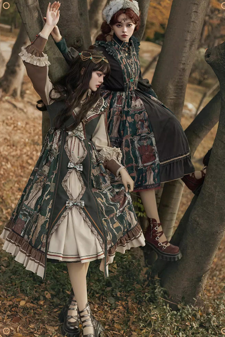 Tarot Print Puff-Sleeved Lolita Dress with Ruffles & Bow