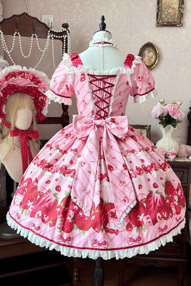 Strawberry Gift Box Pink Short Sleeves Print Ruffle Bowknot Lace Sweet Dress