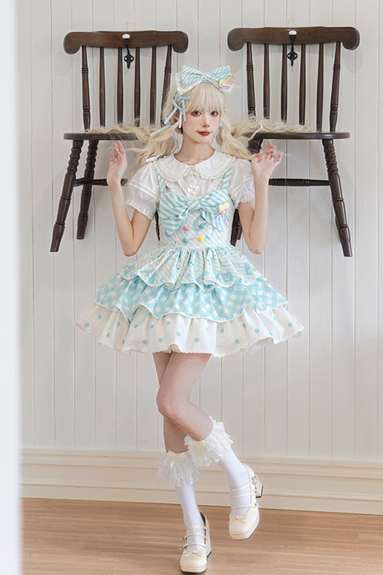 Sleeveless Triple-Layer Print Bow Sweet Lolita Jumper Dress - Blue