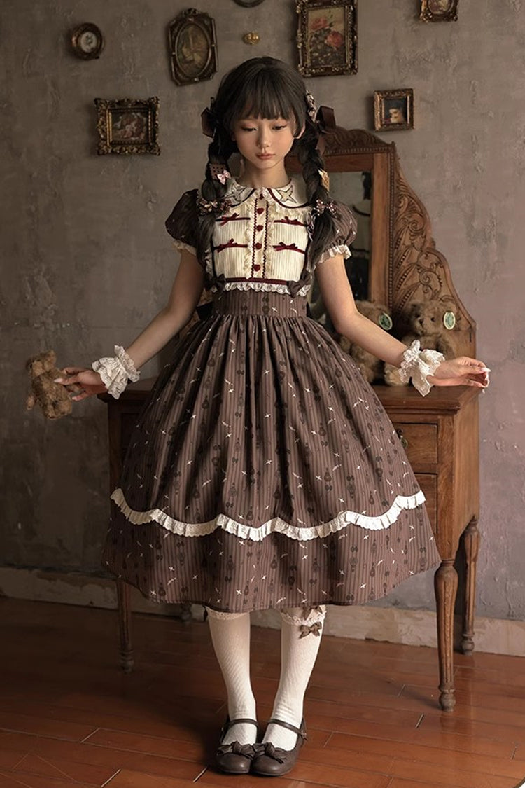 Brown Print Bow Sweet Elegant Princess Dress Long - Hot Air Balloon