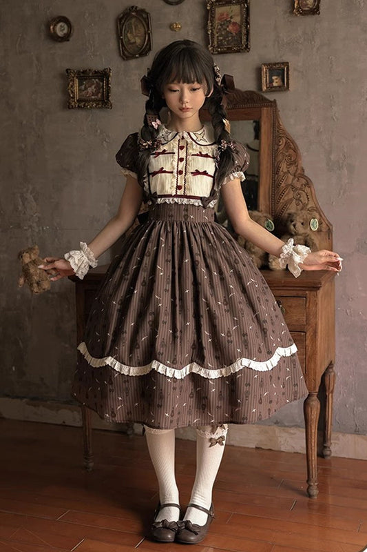 Brown Print Bow Sweet Elegant Princess Dress Long - Hot Air Balloon