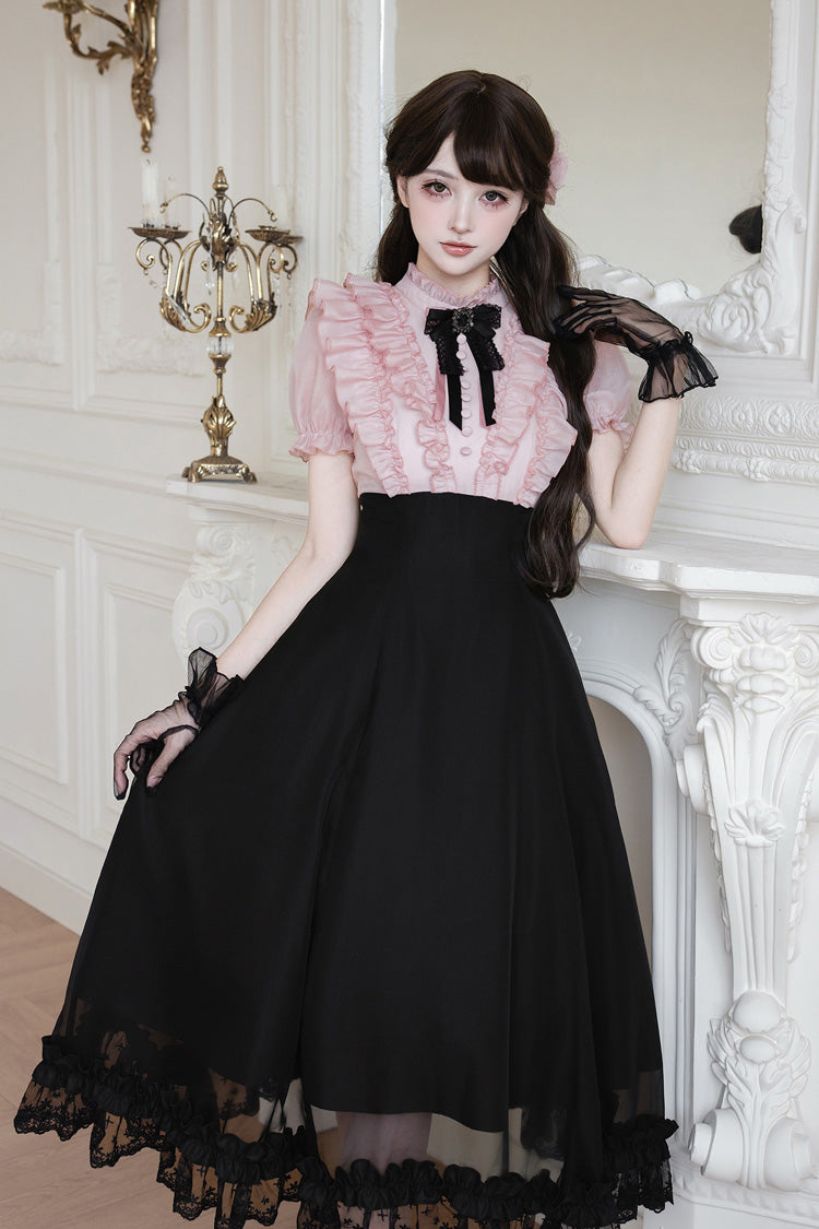 Miss Lola Snow Kiss Stand Collar Short Puff Sleeves Ruffled Color-Blocked Faux Two-Piece Sweet Lolita Long Dress 3 Colors - Black