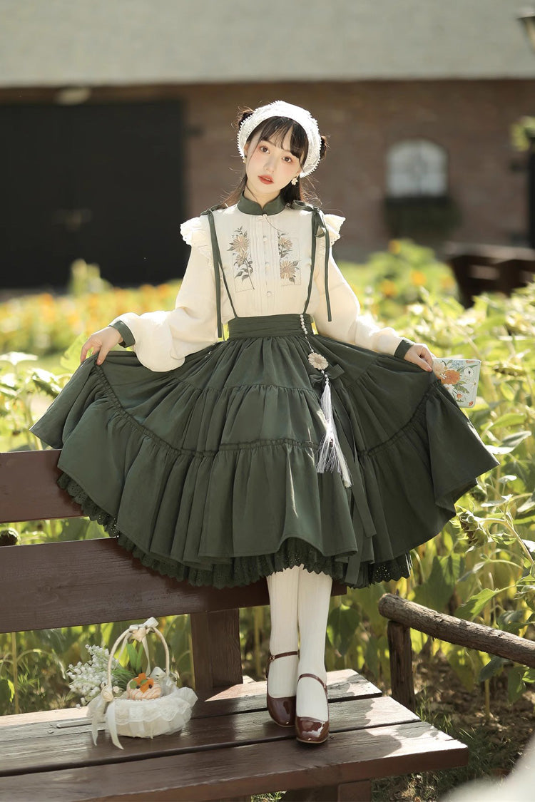 White/Green Country Sunflower Sweet Two-Piece Skirt Set - Sweet Lolita