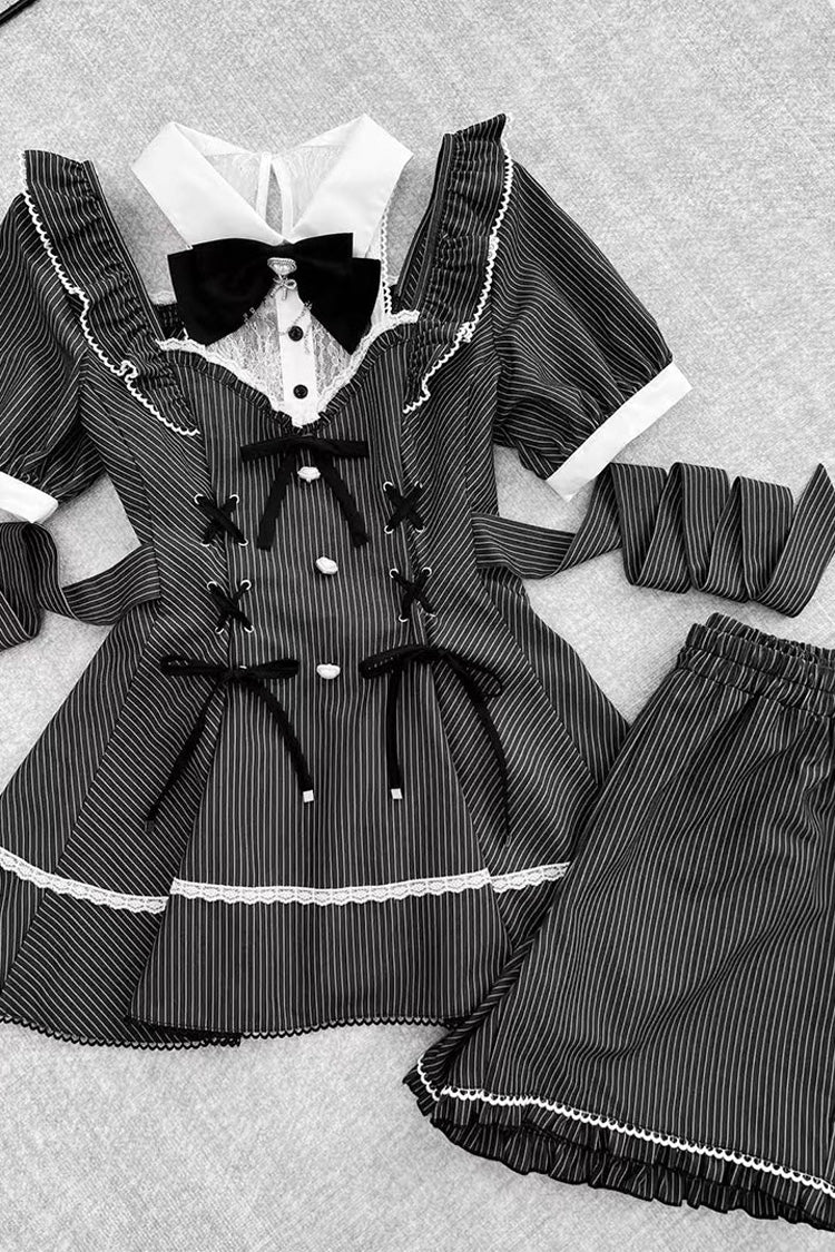 Black Roman Strings Striped Bow Lace-Up Gothic Plus-Size Dress