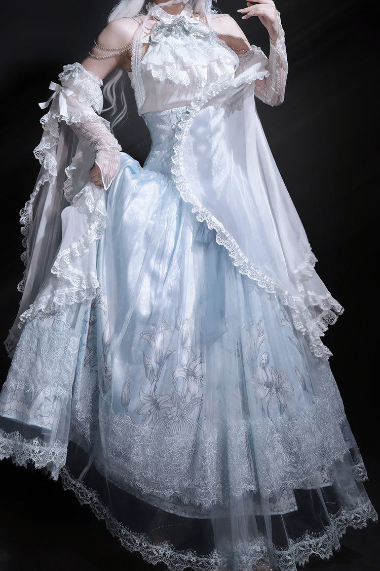 Snow Lily Print Ruffle Hanayome Embroidery Lace-Up Elegant Princess Lolita Skirt Set in Blue