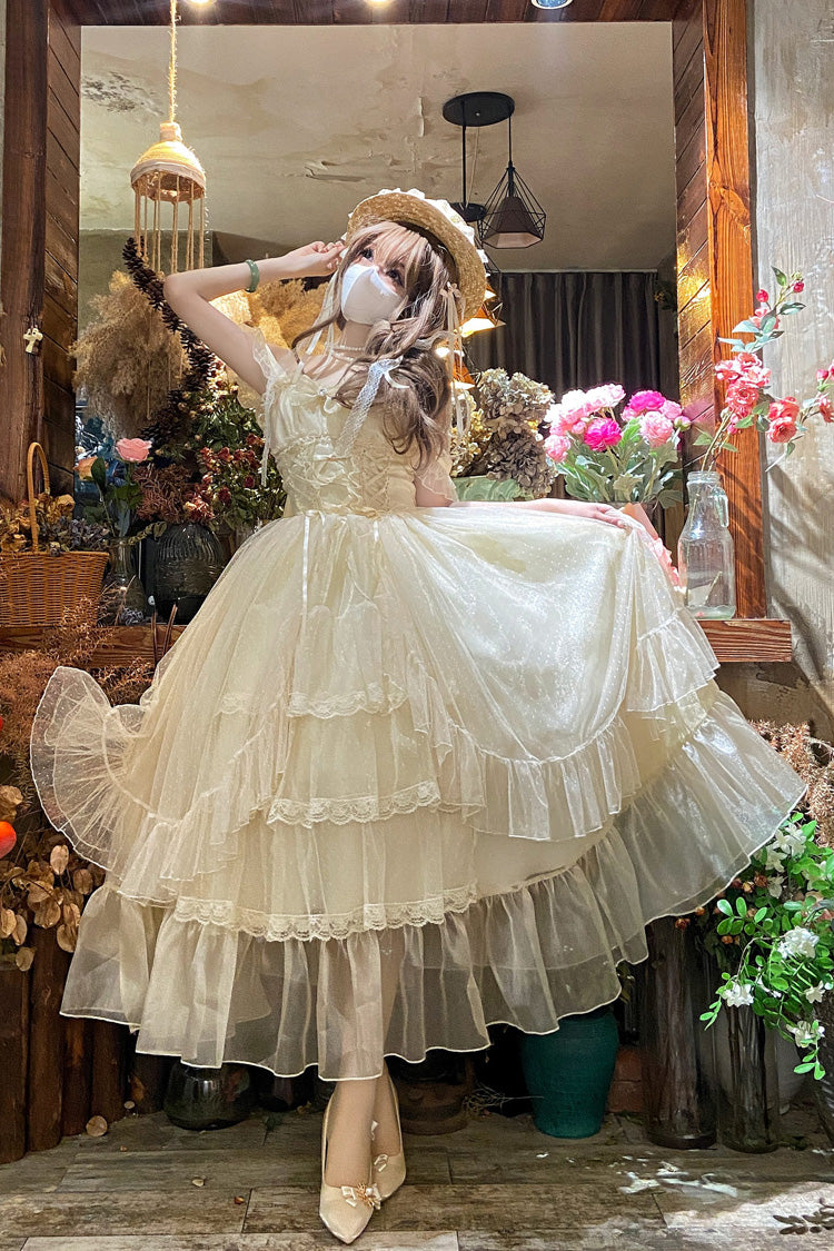 Apricot Sweet Vintage Lolita JSK Dress with Ruffle Cardigan Bowknot Lace and Elegant Style