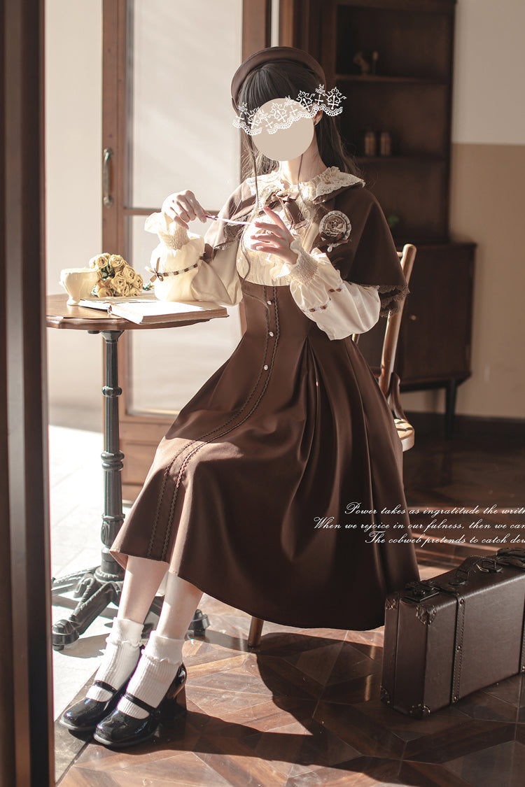 Fake Two Piece Vintage Ruffle Bowknot Lolita Dress Brown White