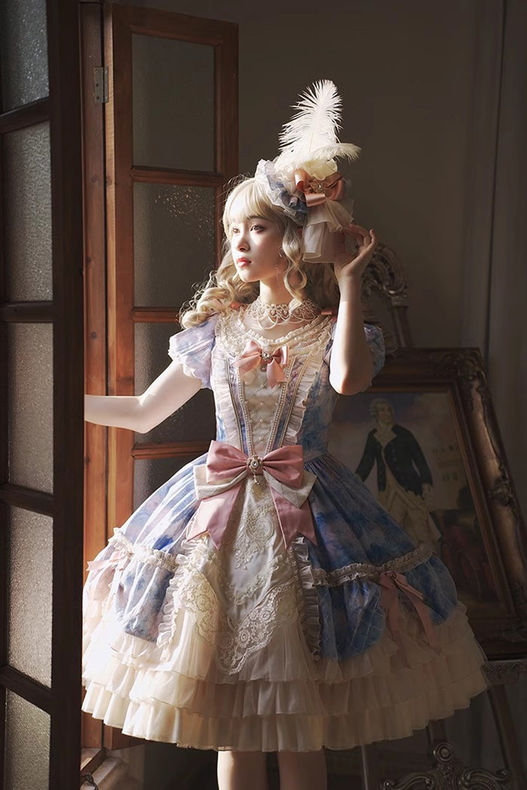 Angel Heart Sky Oil Painting Printed Bow Cardigan Sweet Lolita Dress - Multi-Color